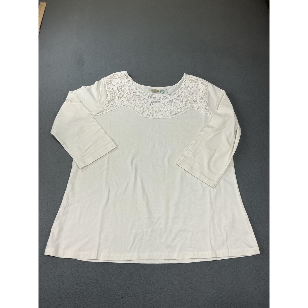Collections Etc. Blouse Womens XL White Tunic Crochet 3/4 Sleeve Pullover